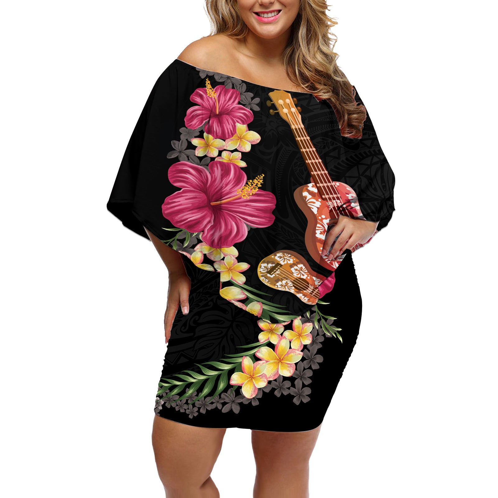 Ukulele mix Polynesian Flower Off Shoulder Short Dress Hawaiian Tribal Pattern