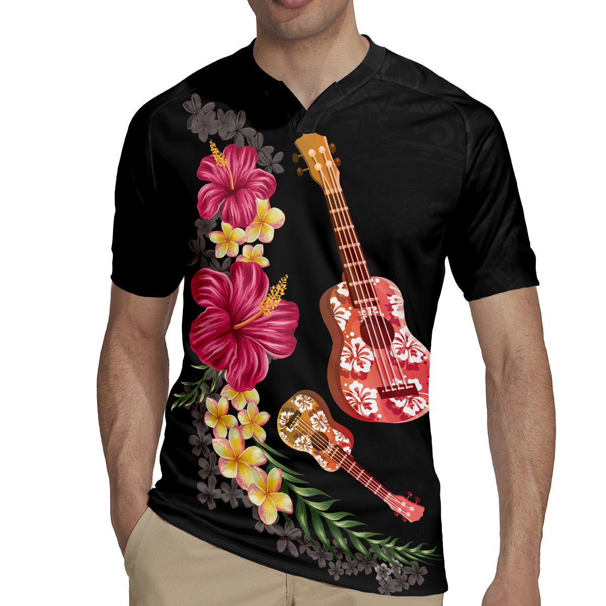 Ukulele mix Polynesian Flower Rugby Jersey Hawaiian Tribal Pattern