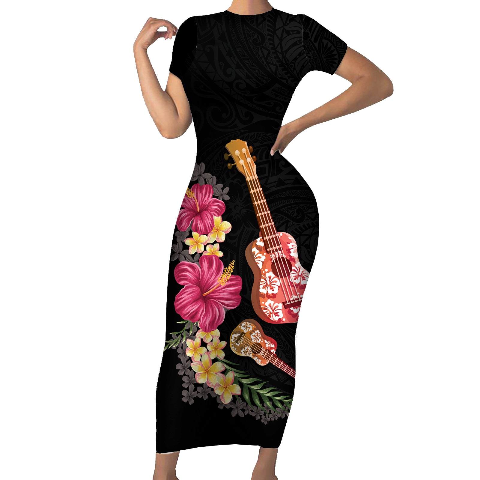 Ukulele mix Polynesian Flower Short Sleeve Bodycon Dress Hawaiian Tribal Pattern