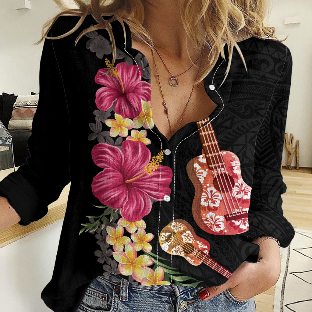 Ukulele mix Polynesian Flower Women Casual Shirt Hawaiian Tribal Pattern