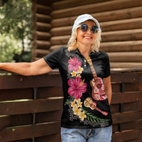 Ukulele mix Polynesian Flower Women Polo Shirt Hawaiian Tribal Pattern