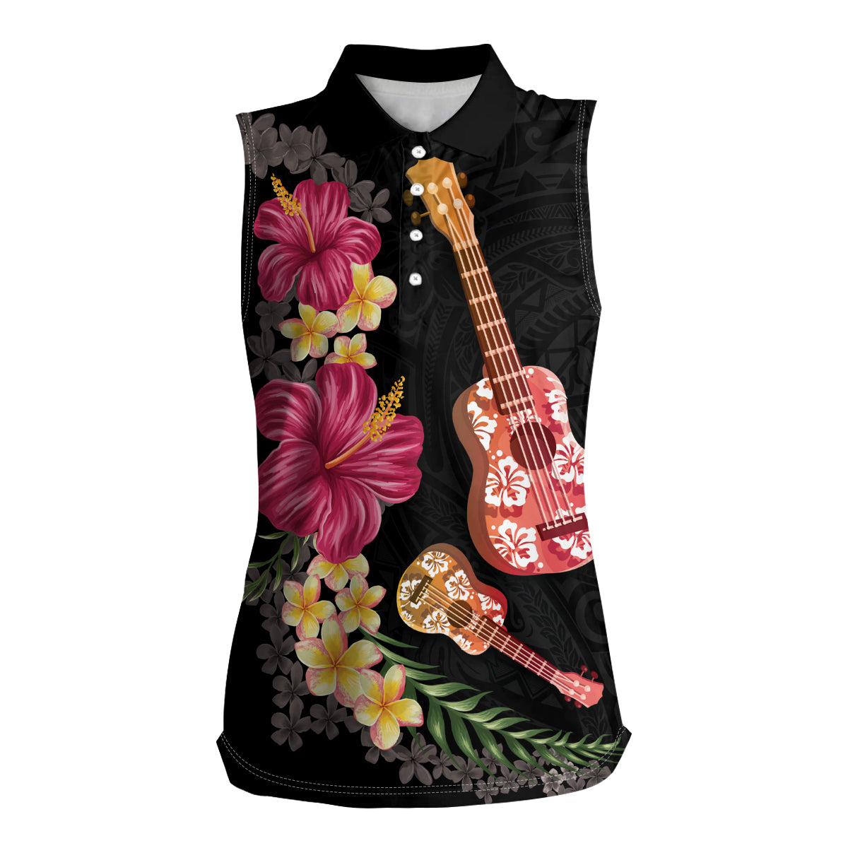 Ukulele mix Polynesian Flower Women Sleeveless Polo Shirt Hawaiian Tribal Pattern