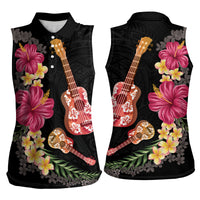 Ukulele mix Polynesian Flower Women Sleeveless Polo Shirt Hawaiian Tribal Pattern