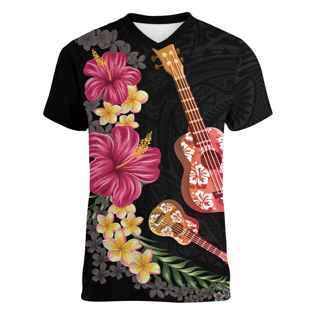 Ukulele mix Polynesian Flower Women V-Neck T-Shirt Hawaiian Tribal Pattern