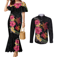 Hawaiian Flower and Tribal Turtle Couples Matching Mermaid Dress and Long Sleeve Button Shirt Colorful Style