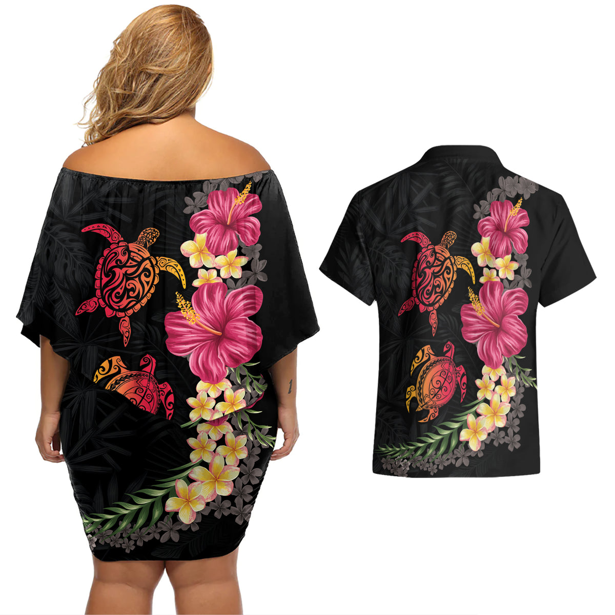 Hawaiian Flower and Tribal Turtle Couples Matching Off Shoulder Short Dress and Hawaiian Shirt Colorful Style