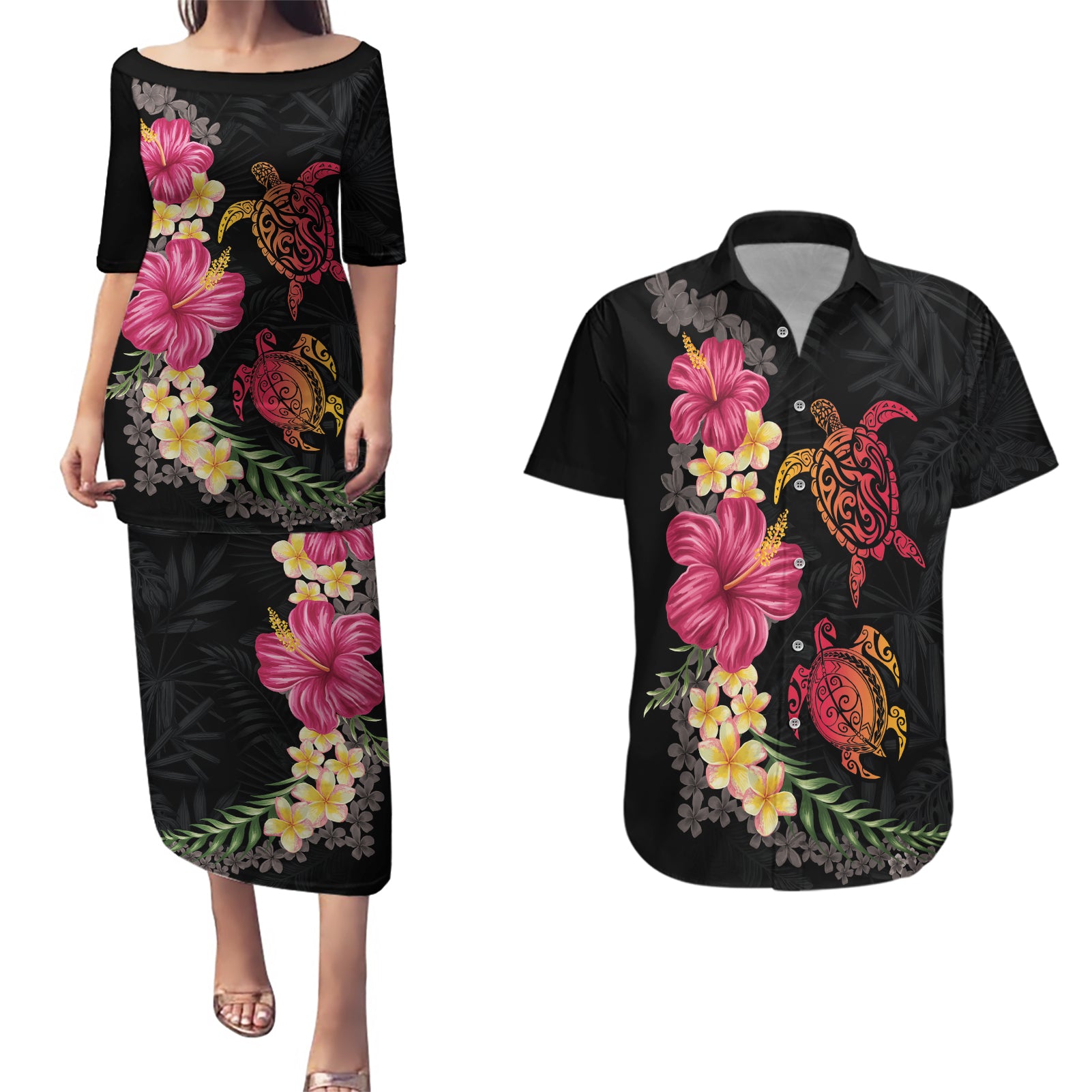 Hawaiian Flower and Tribal Turtle Couples Matching Puletasi and Hawaiian Shirt Colorful Style