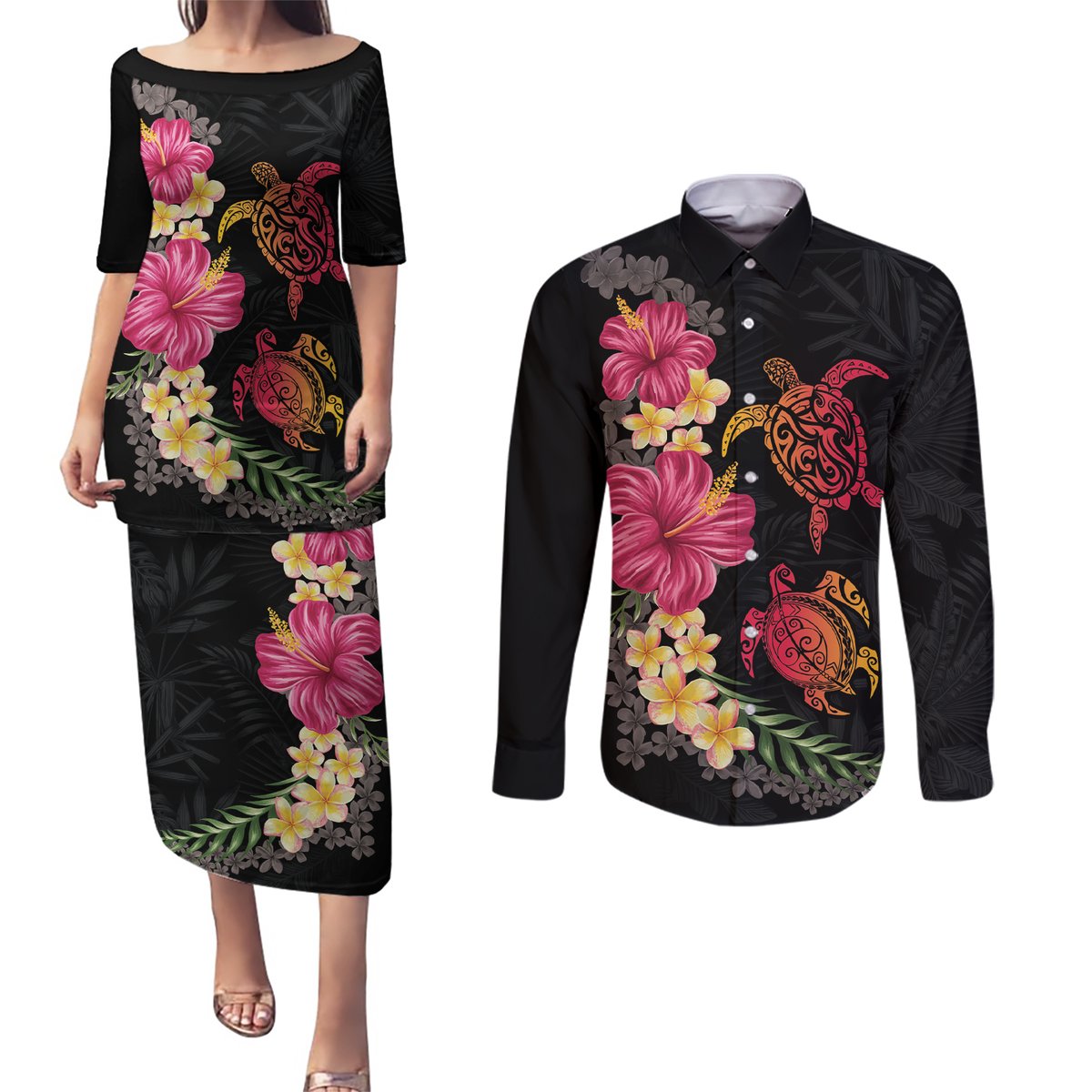 Hawaiian Flower and Tribal Turtle Couples Matching Puletasi and Long Sleeve Button Shirt Colorful Style LT03 Black - Polynesian Pride