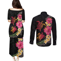 Hawaiian Flower and Tribal Turtle Couples Matching Puletasi and Long Sleeve Button Shirt Colorful Style LT03 - Polynesian Pride