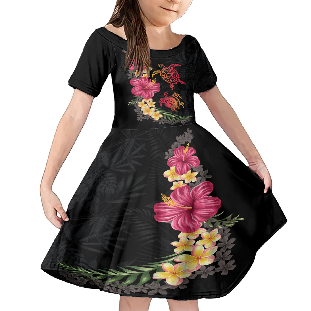 Hawaiian Flower and Tribal Turtle Family Matching Off The Shoulder Long Sleeve Dress and Hawaiian Shirt Colorful Style LT03 Daughter's Dress Black - Polynesian Pride