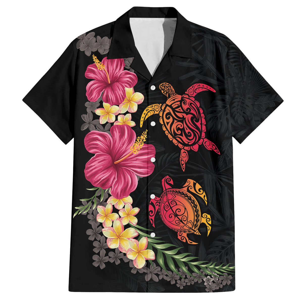 Hawaiian Flower and Tribal Turtle Family Matching Off The Shoulder Long Sleeve Dress and Hawaiian Shirt Colorful Style LT03 Dad's Shirt - Short Sleeve Black - Polynesian Pride