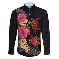 Hawaiian Flower and Tribal Turtle Family Matching Off The Shoulder Long Sleeve Dress and Hawaiian Shirt Colorful Style LT03 Dad's Shirt - Long Sleeve Black - Polynesian Pride