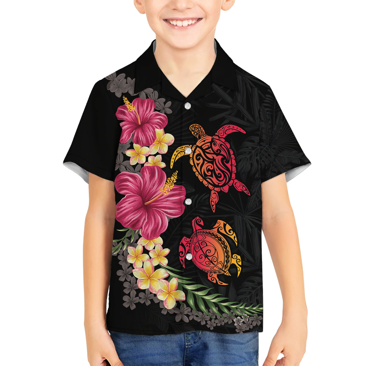 Hawaiian Flower and Tribal Turtle Family Matching Off The Shoulder Long Sleeve Dress and Hawaiian Shirt Colorful Style LT03 Son's Shirt Black - Polynesian Pride