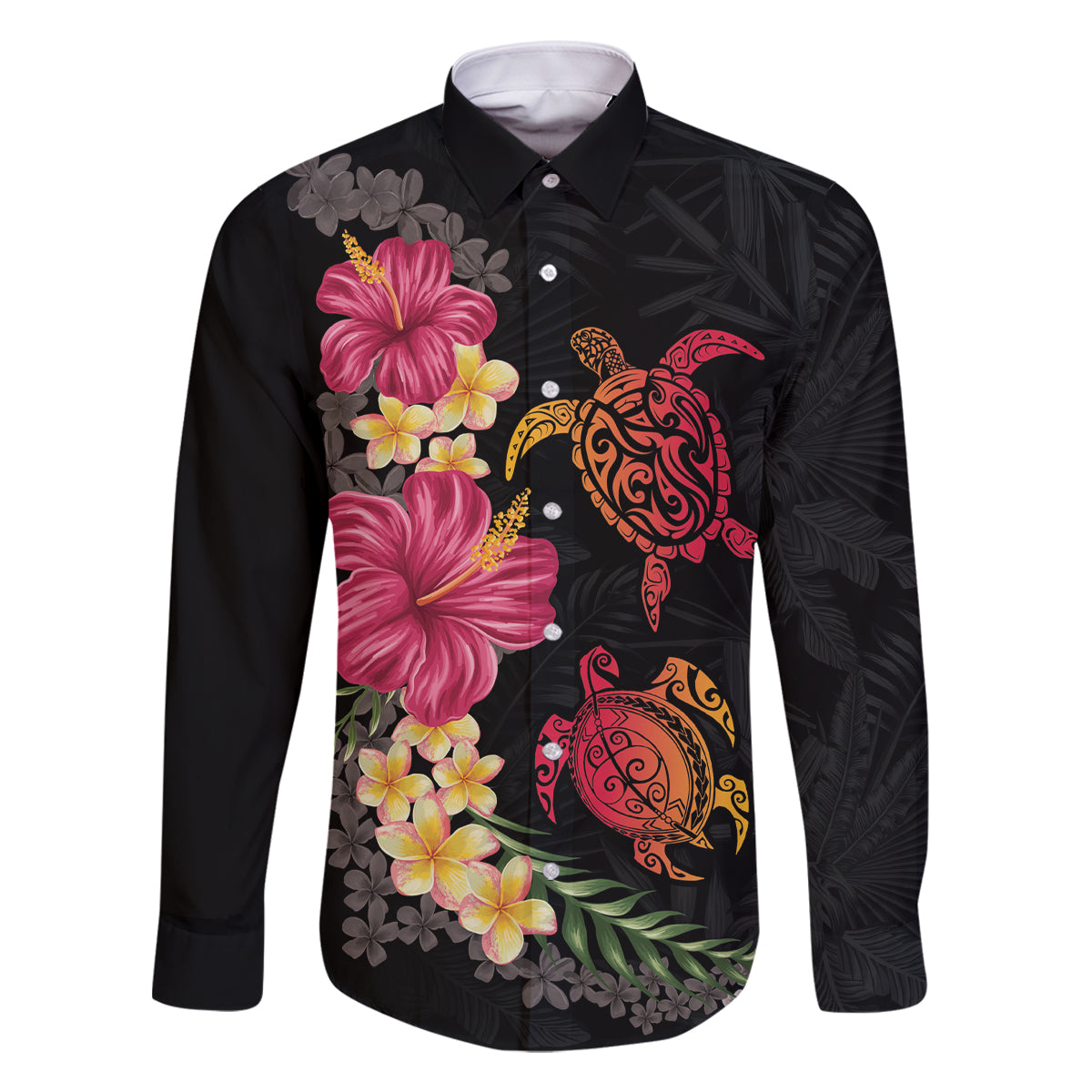 Hawaiian Flower and Tribal Turtle Family Matching Off Shoulder Short Dress and Hawaiian Shirt Colorful Style LT03 Dad's Shirt - Long Sleeve Black - Polynesian Pride