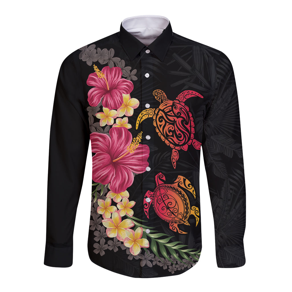 Hawaiian Flower and Tribal Turtle Long Sleeve Button Shirt Colorful Style