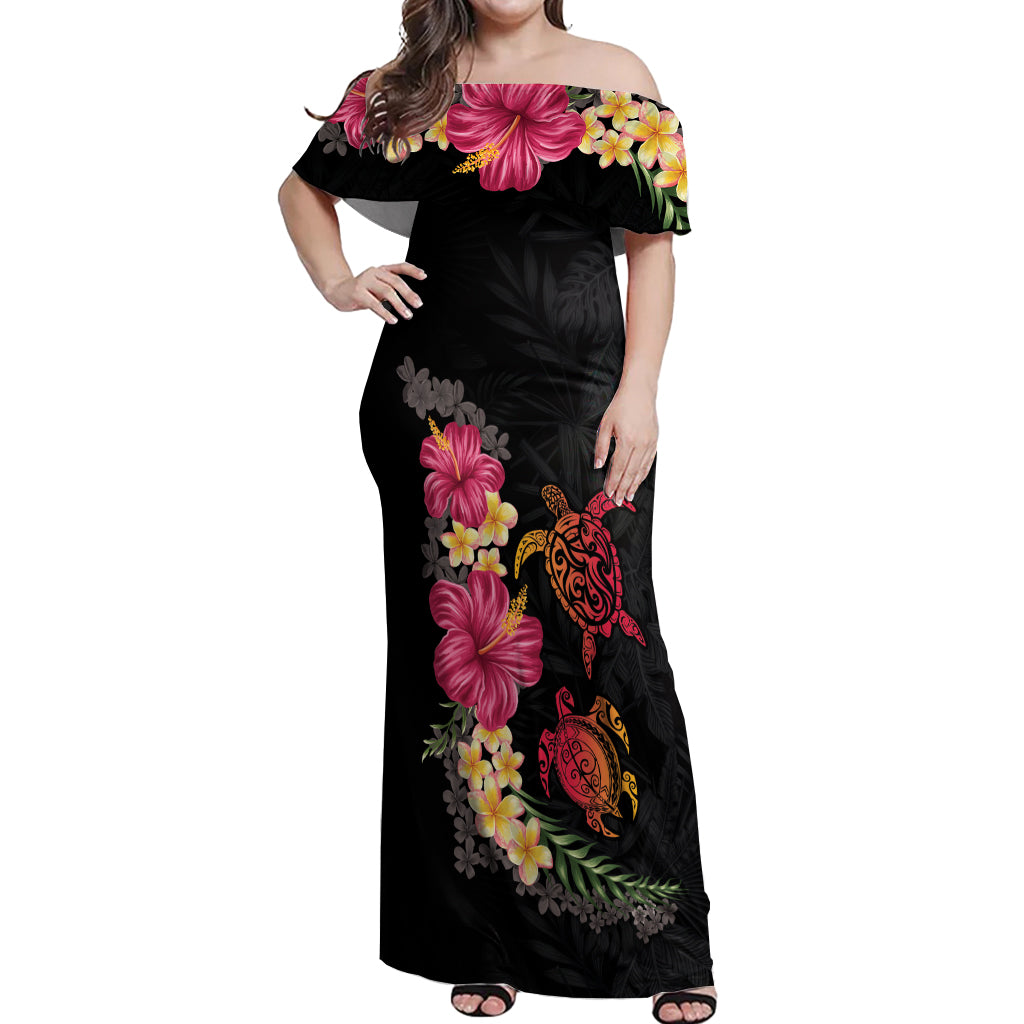 Hawaiian Flower and Tribal Turtle Off Shoulder Maxi Dress Colorful Style