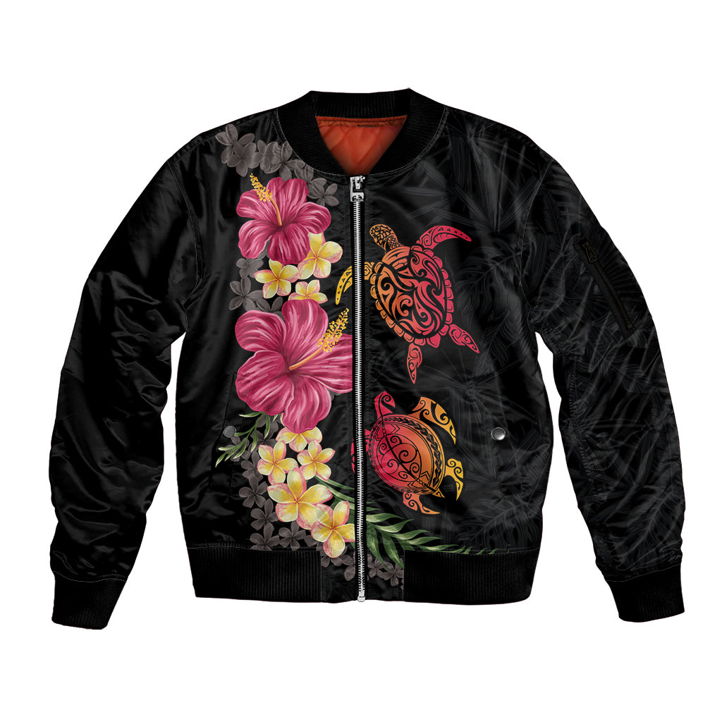 Hawaiian Flower and Tribal Turtle Sleeve Zip Bomber Jacket Colorful Style LT03 Unisex Black - Polynesian Pride