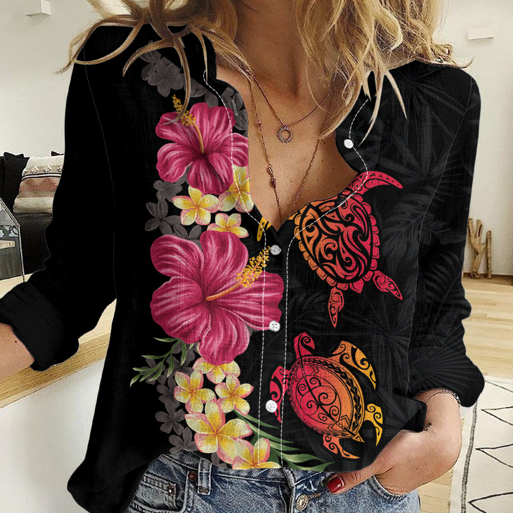 Hawaiian Flower and Tribal Turtle Women Casual Shirt Colorful Style