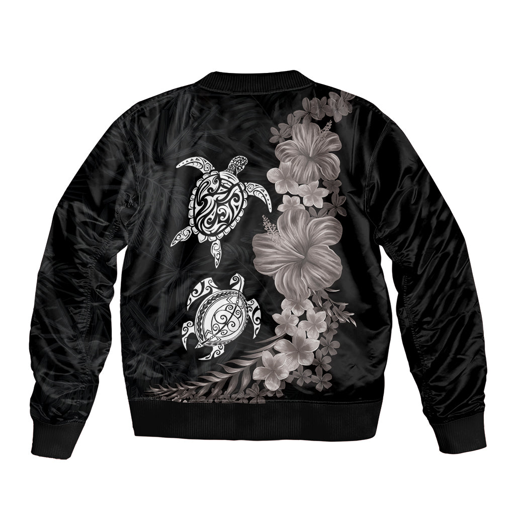Hawaiian Flower and Tribal Turtle Bomber Jacket Grayscale Mode