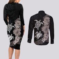 Hawaiian Flower and Tribal Turtle Couples Matching Long Sleeve Bodycon Dress and Long Sleeve Button Shirt Grayscale Mode