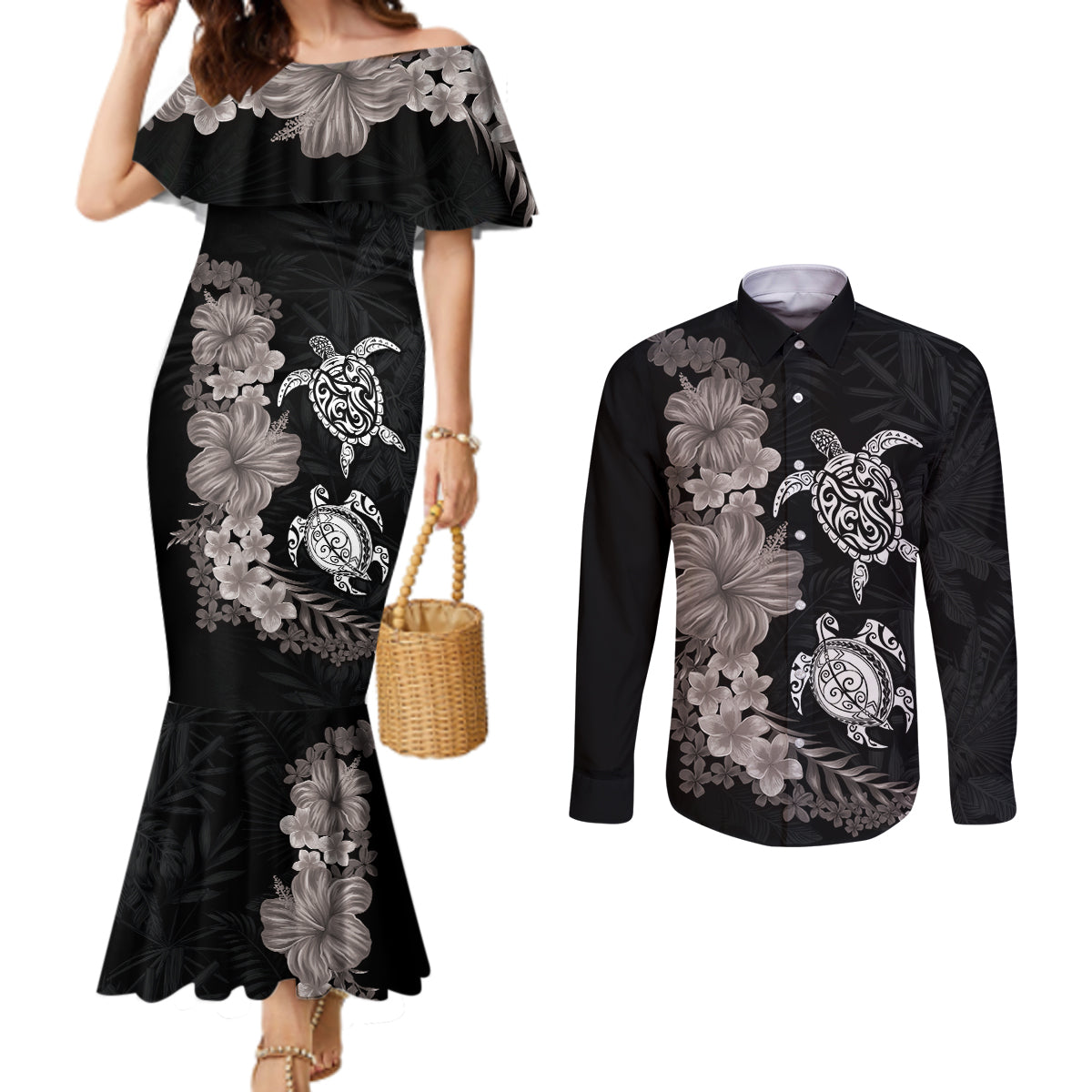 Hawaiian Flower and Tribal Turtle Couples Matching Mermaid Dress and Long Sleeve Button Shirt Grayscale Mode
