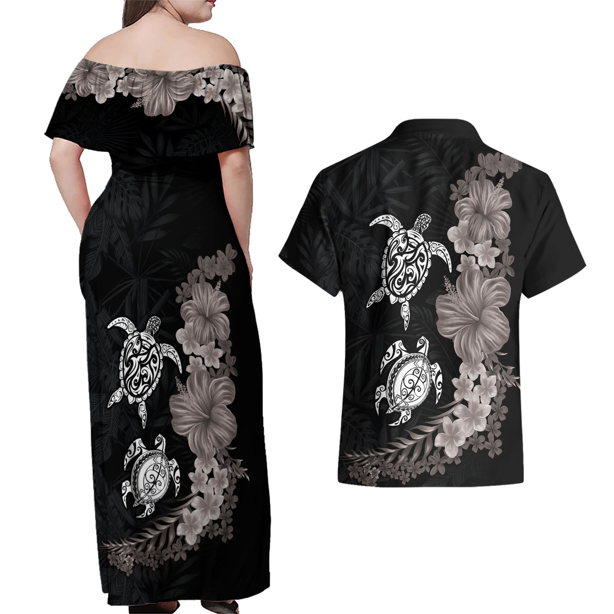 Hawaiian Flower and Tribal Turtle Couples Matching Off Shoulder Maxi Dress and Hawaiian Shirt Grayscale Mode