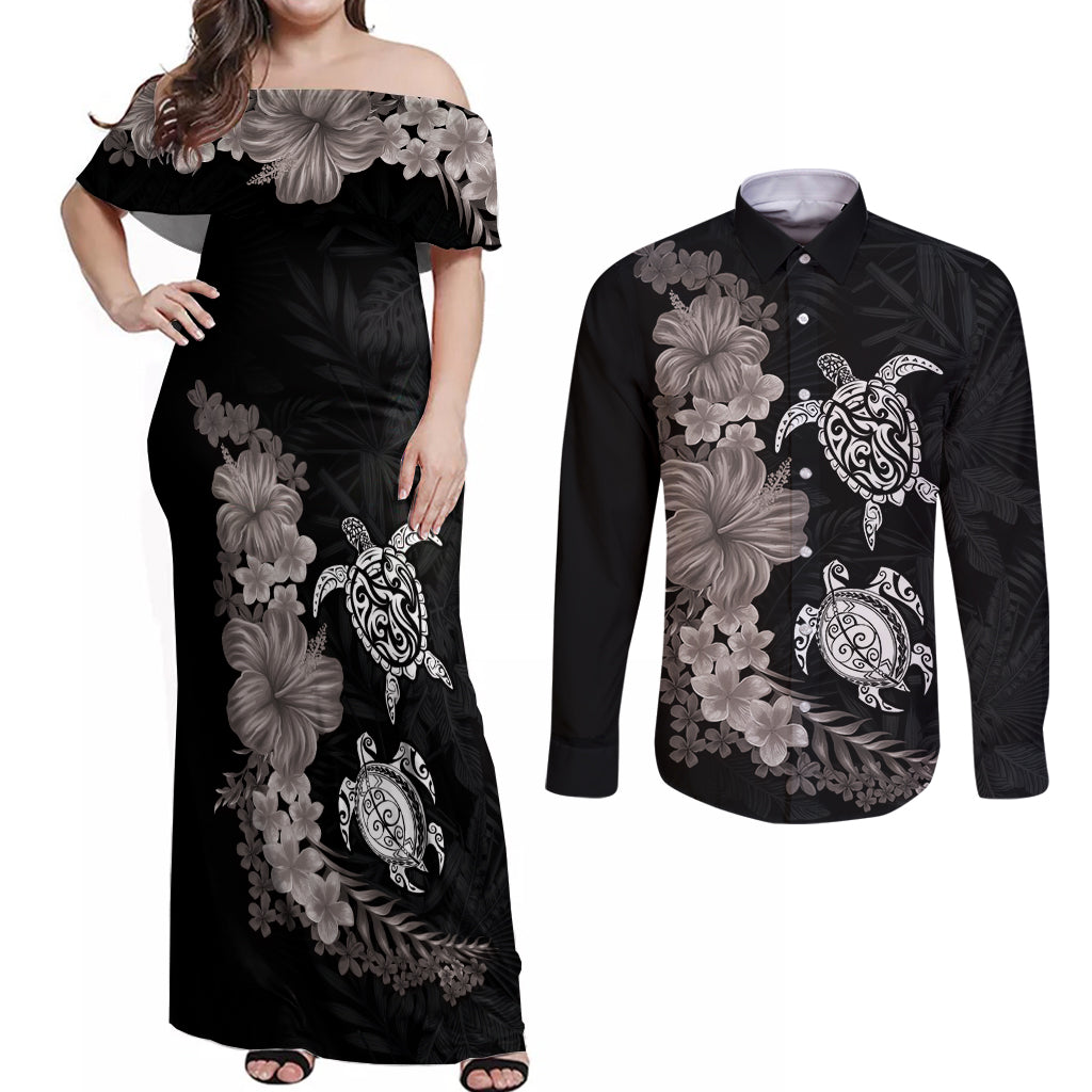 Hawaiian Flower and Tribal Turtle Couples Matching Off Shoulder Maxi Dress and Long Sleeve Button Shirt Grayscale Mode
