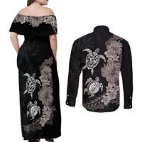 Hawaiian Flower and Tribal Turtle Couples Matching Off Shoulder Maxi Dress and Long Sleeve Button Shirt Grayscale Mode