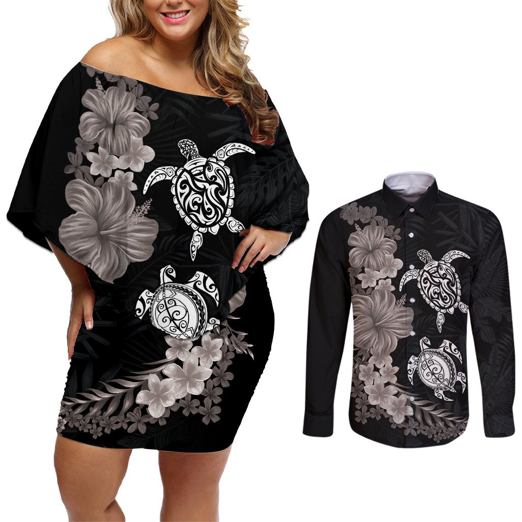 Hawaiian Flower and Tribal Turtle Couples Matching Off Shoulder Short Dress and Long Sleeve Button Shirt Grayscale Mode LT03 Black - Polynesian Pride