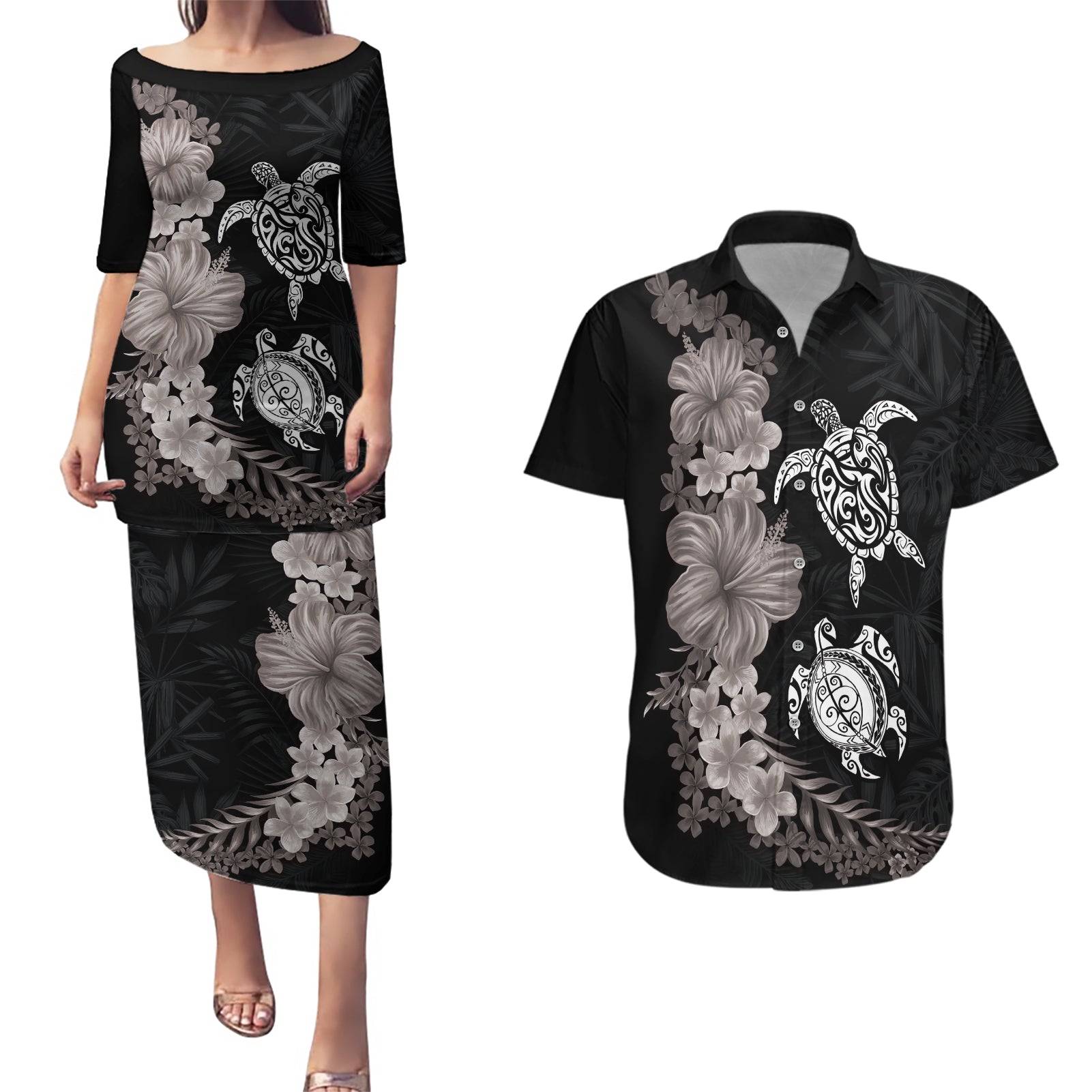 Hawaiian Flower and Tribal Turtle Couples Matching Puletasi and Hawaiian Shirt Grayscale Mode