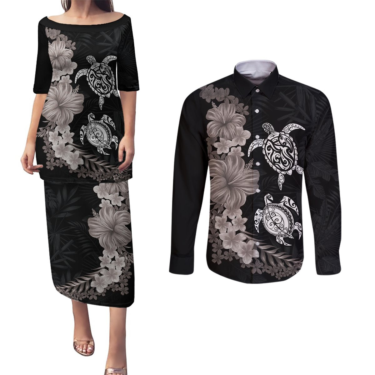 Hawaiian Flower and Tribal Turtle Couples Matching Puletasi and Long Sleeve Button Shirt Grayscale Mode LT03 Black - Polynesian Pride