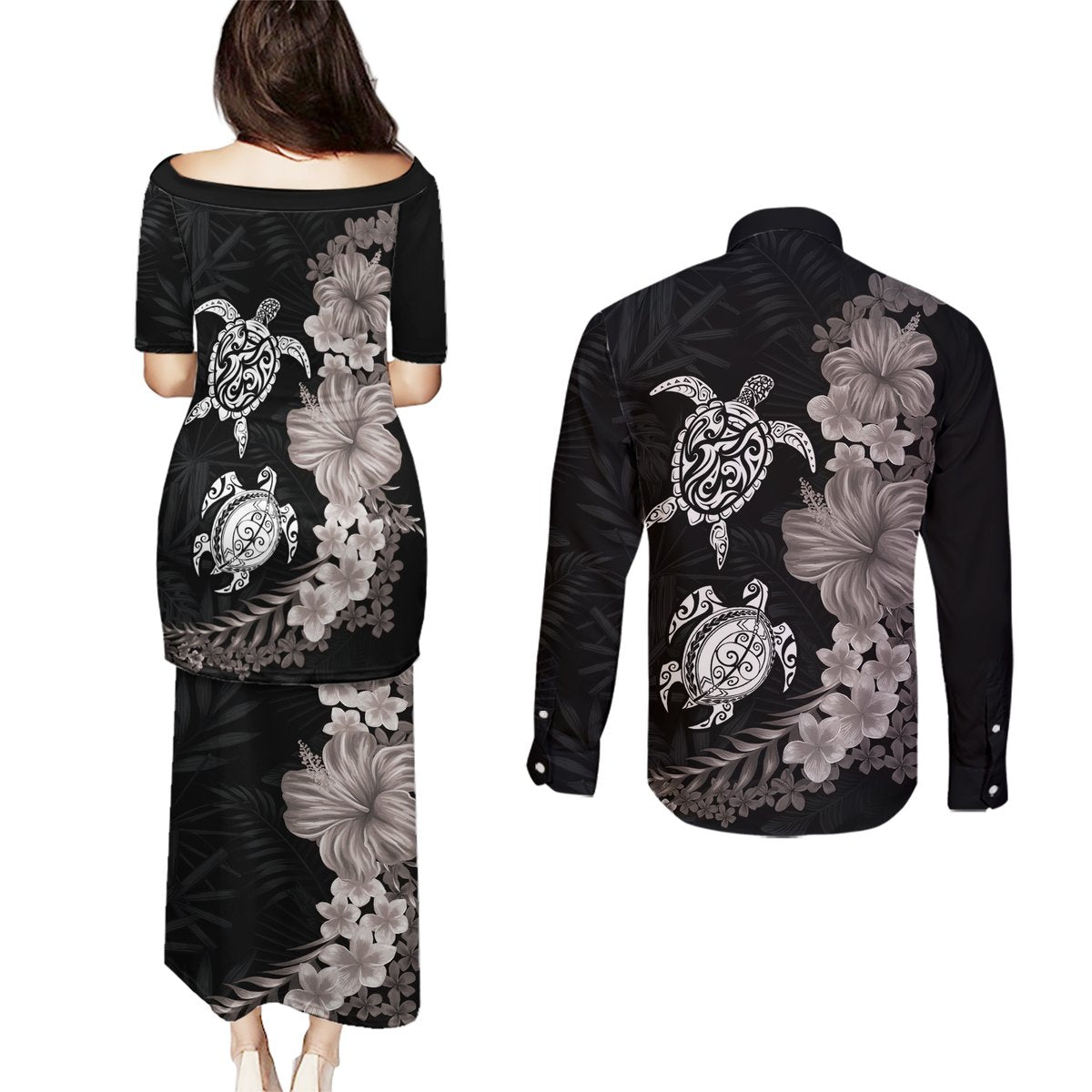 Hawaiian Flower and Tribal Turtle Couples Matching Puletasi and Long Sleeve Button Shirt Grayscale Mode LT03 - Polynesian Pride