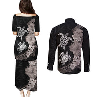 Hawaiian Flower and Tribal Turtle Couples Matching Puletasi and Long Sleeve Button Shirt Grayscale Mode LT03 - Polynesian Pride