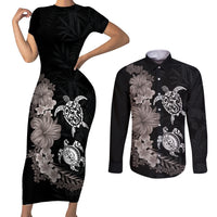 Hawaiian Flower and Tribal Turtle Couples Matching Short Sleeve Bodycon Dress and Long Sleeve Button Shirt Grayscale Mode