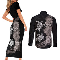 Hawaiian Flower and Tribal Turtle Couples Matching Short Sleeve Bodycon Dress and Long Sleeve Button Shirt Grayscale Mode