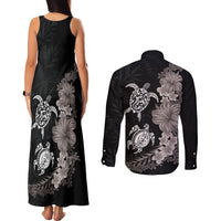 Hawaiian Flower and Tribal Turtle Couples Matching Tank Maxi Dress and Long Sleeve Button Shirt Grayscale Mode