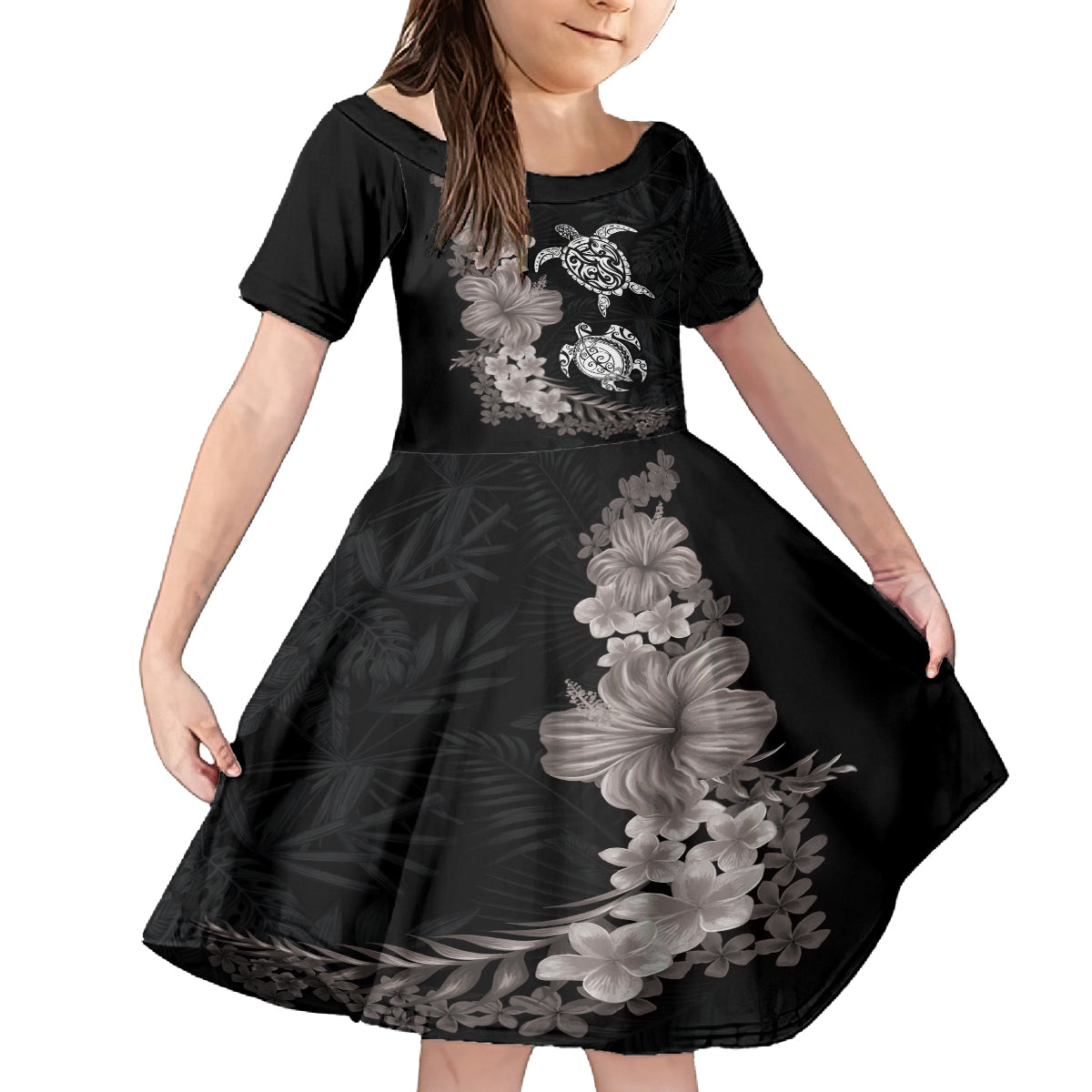 Hawaiian Flower and Tribal Turtle Family Matching Off The Shoulder Long Sleeve Dress and Hawaiian Shirt Grayscale Mode LT03 Daughter's Dress Black - Polynesian Pride