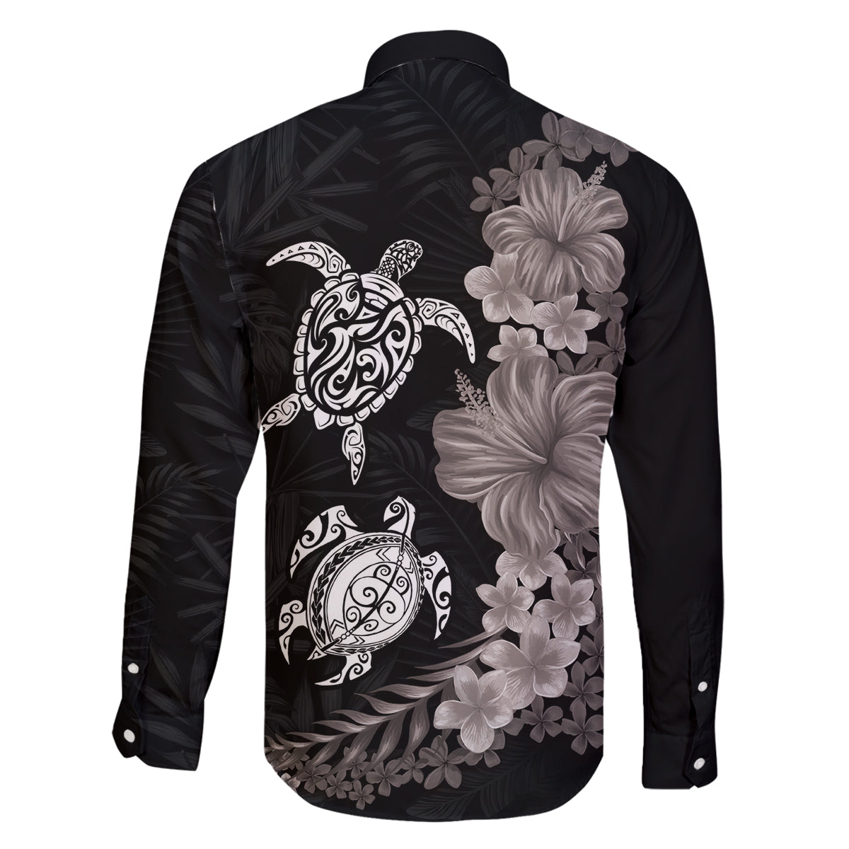 Hawaiian Flower and Tribal Turtle Family Matching Off The Shoulder Long Sleeve Dress and Hawaiian Shirt Grayscale Mode LT03 - Polynesian Pride