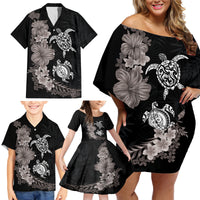 Hawaiian Flower and Tribal Turtle Family Matching Off Shoulder Short Dress and Hawaiian Shirt Grayscale Mode LT03 - Polynesian Pride