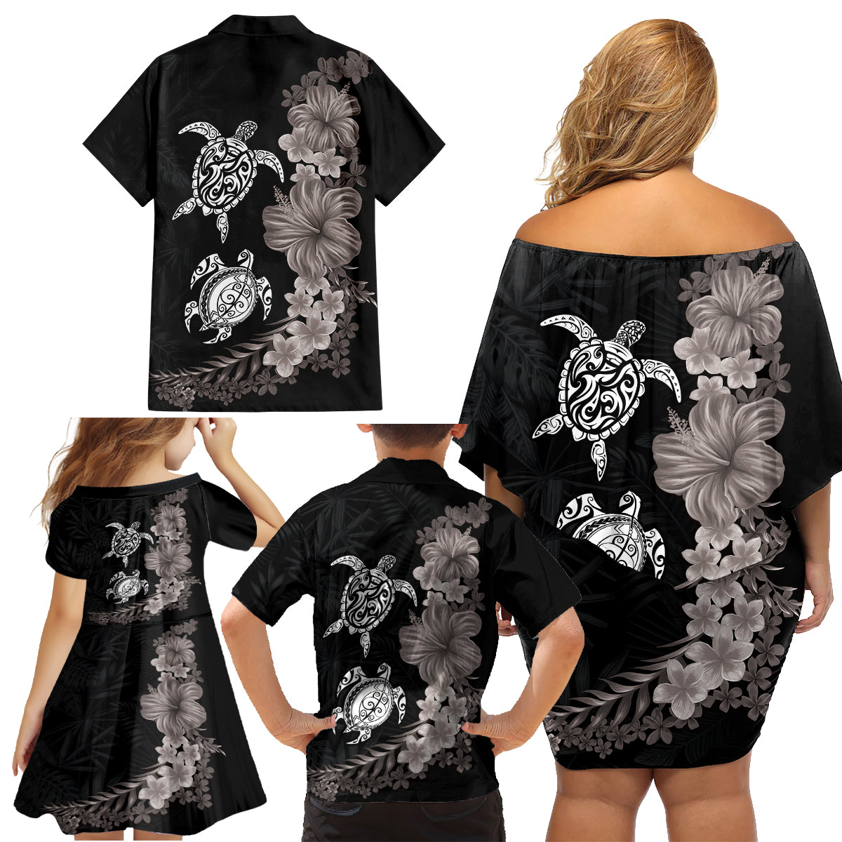 Hawaiian Flower and Tribal Turtle Family Matching Off Shoulder Short Dress and Hawaiian Shirt Grayscale Mode LT03 - Polynesian Pride
