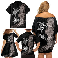 Hawaiian Flower and Tribal Turtle Family Matching Off Shoulder Short Dress and Hawaiian Shirt Grayscale Mode LT03 - Polynesian Pride