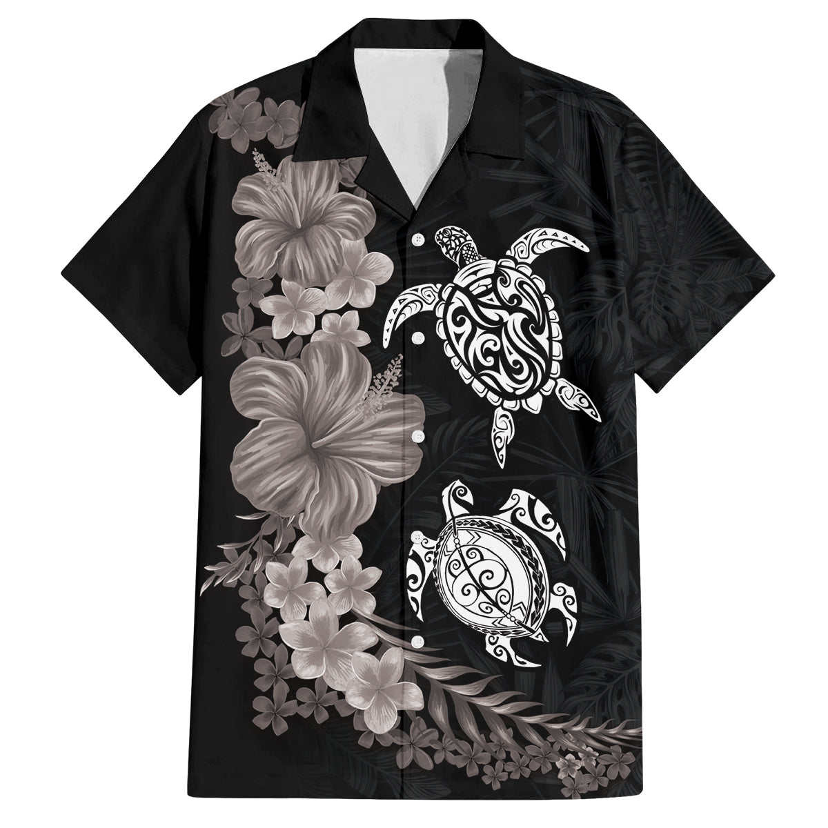 Hawaiian Flower and Tribal Turtle Family Matching Off Shoulder Short Dress and Hawaiian Shirt Grayscale Mode LT03 Dad's Shirt - Short Sleeve Black - Polynesian Pride