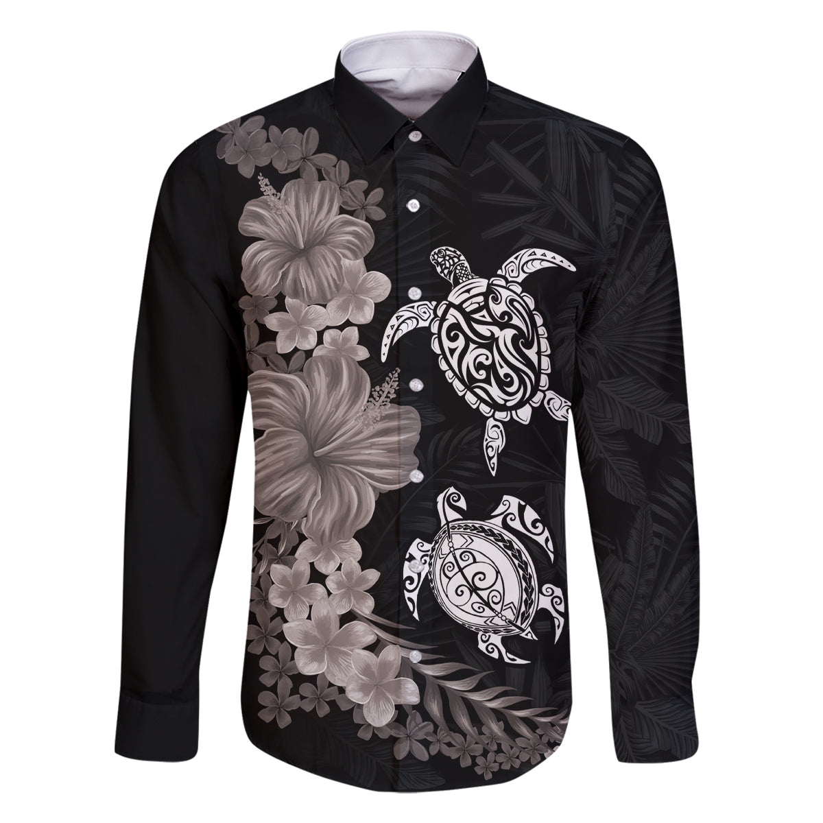 Hawaiian Flower and Tribal Turtle Family Matching Off Shoulder Short Dress and Hawaiian Shirt Grayscale Mode LT03 Dad's Shirt - Long Sleeve Black - Polynesian Pride