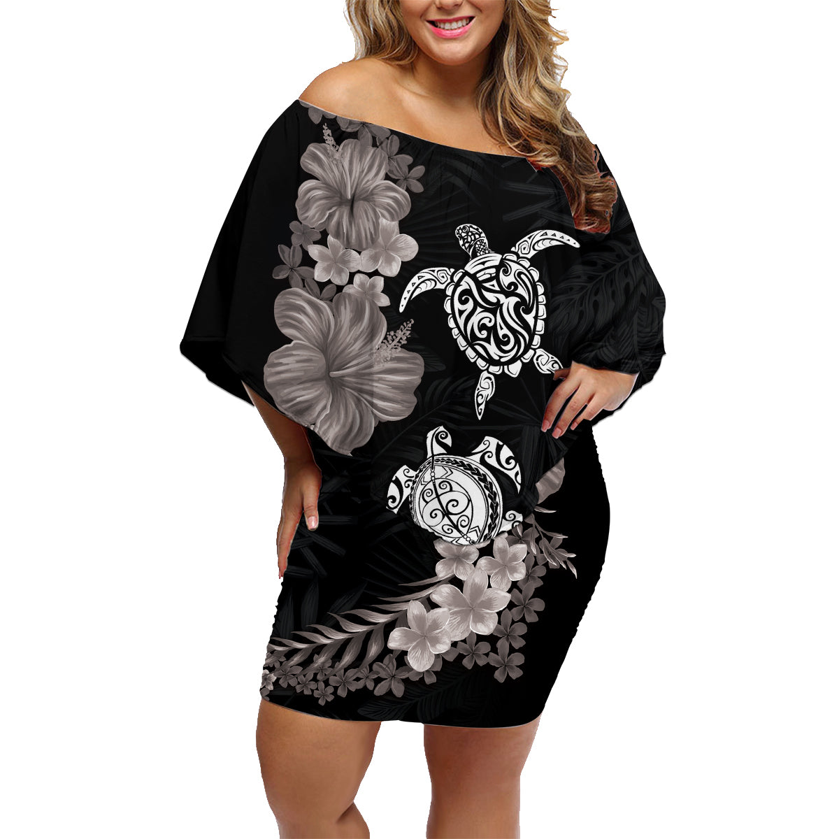 Hawaiian Flower and Tribal Turtle Family Matching Off Shoulder Short Dress and Hawaiian Shirt Grayscale Mode LT03 Mom's Dress Black - Polynesian Pride