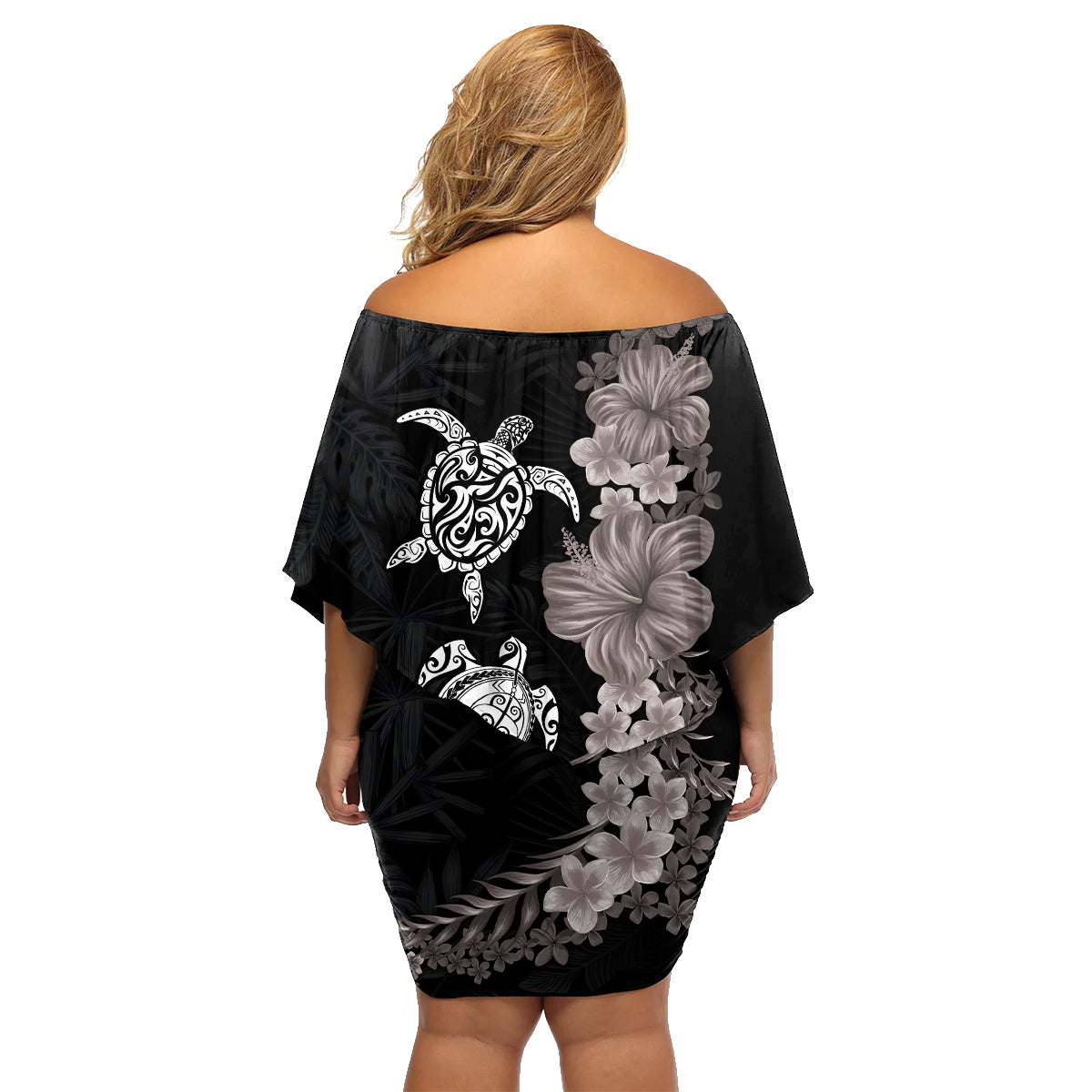 Hawaiian Flower and Tribal Turtle Family Matching Off Shoulder Short Dress and Hawaiian Shirt Grayscale Mode LT03 - Polynesian Pride