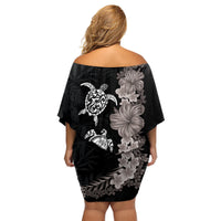 Hawaiian Flower and Tribal Turtle Family Matching Off Shoulder Short Dress and Hawaiian Shirt Grayscale Mode LT03 - Polynesian Pride