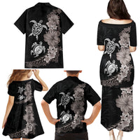 Hawaiian Flower and Tribal Turtle Family Matching Puletasi and Hawaiian Shirt Grayscale Mode