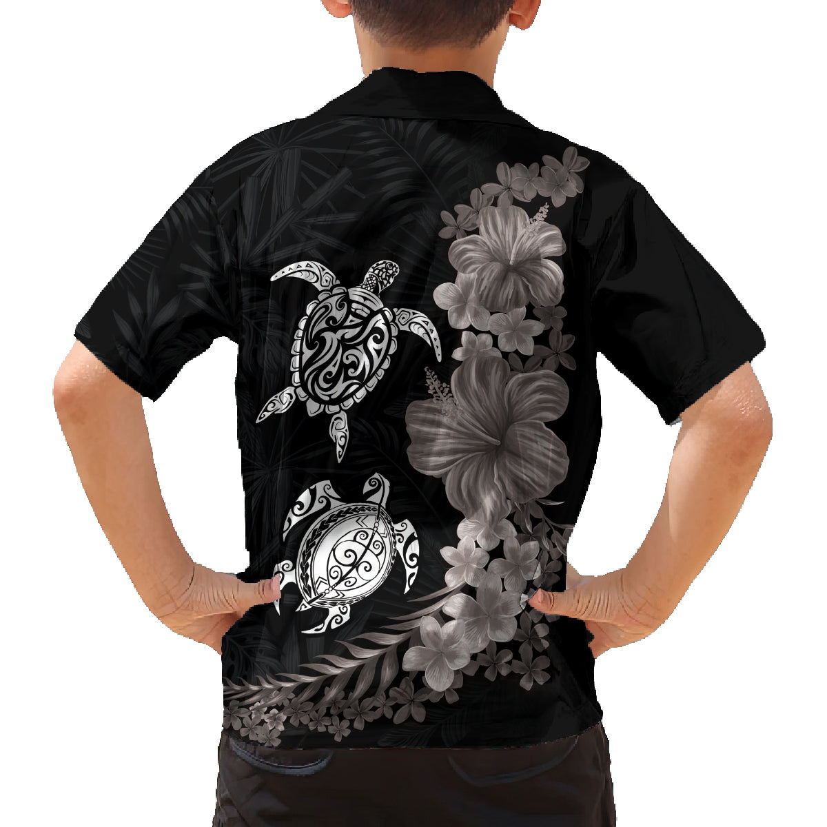 Hawaiian Flower and Tribal Turtle Family Matching Tank Maxi Dress and Hawaiian Shirt Grayscale Mode