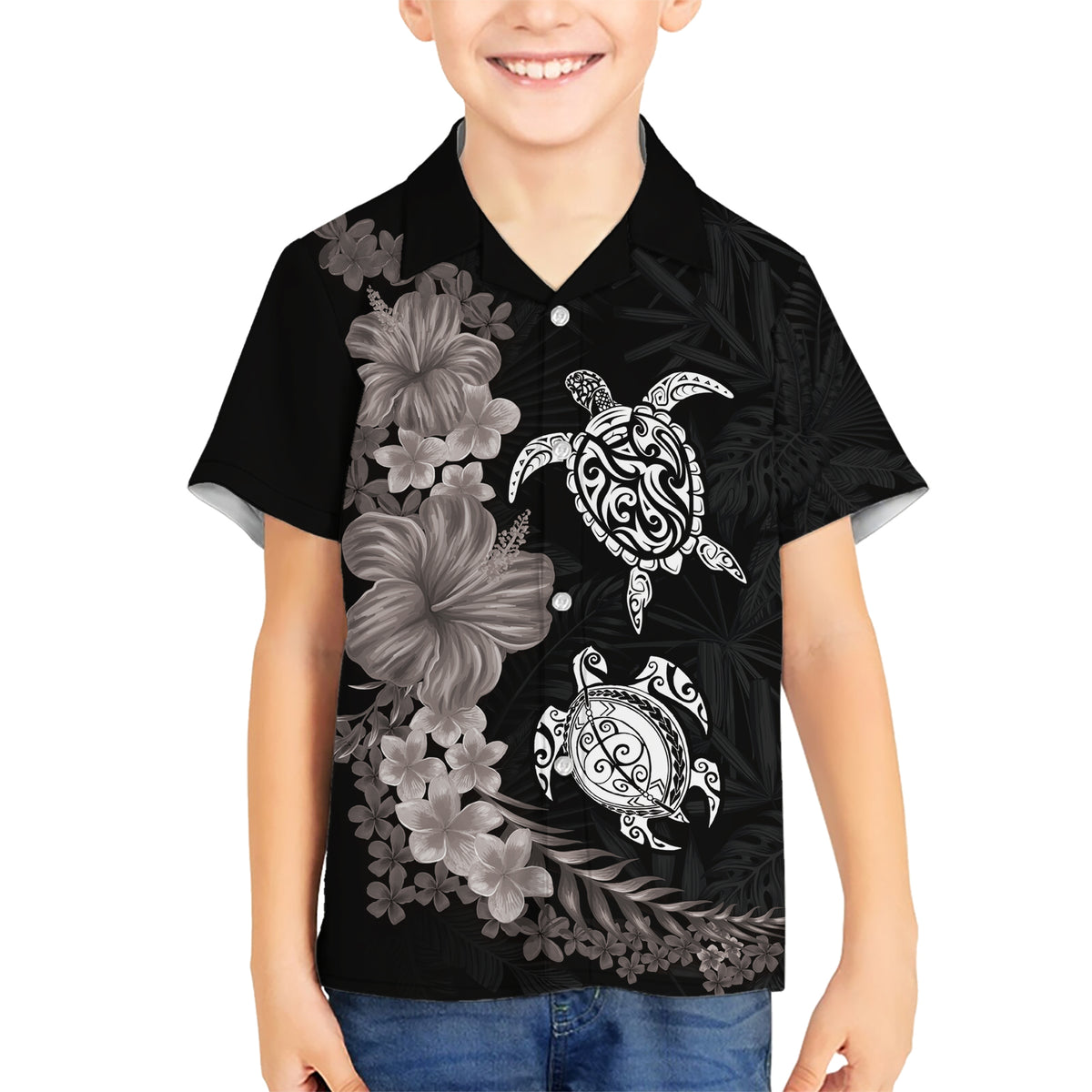 Hawaiian Flower and Tribal Turtle Kid Hawaiian Shirt Grayscale Mode LT03 Kid Black - Polynesian Pride