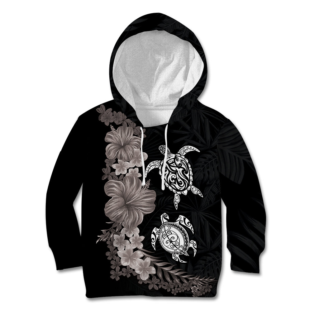 Hawaiian Flower and Tribal Turtle Kid Hoodie Grayscale Mode LT03 Hoodie Black - Polynesian Pride